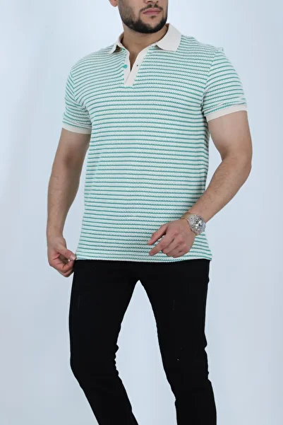FREZZBİ Collared Short Sleeve Striped Buttoned Men's Jacquard T-Shirt