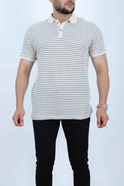 FREZZBİ Polo Collar Short Sleeve Striped Buttoned Men's Jacquard T-Shirt