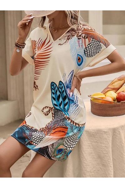 Modayakamoz New Season Women's Short Sleeve V Neck Patterned Mini Atlas Dress