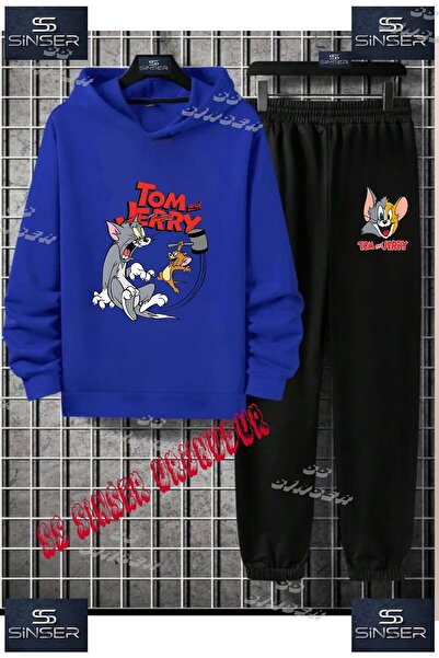 SS SİNSER Çocuk Unısex "TOM JERRY TOKMAKLI" Özel Baskılı Kapşolu Eşofman Takımı