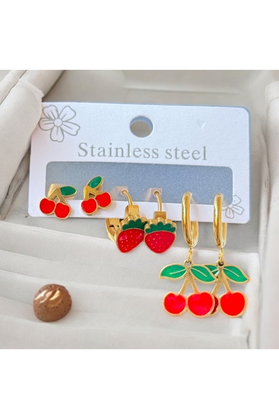 İNN JEWELLERY Steel Earrings Tarnish-Free Antiallergic Set of 6 with Cherry Figures (2 Years Importer Guarantee)