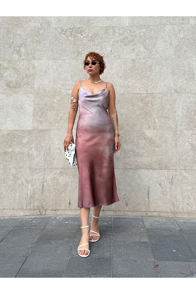 Bak'ap Premium Cotton Satin Abstract Patterned Degaje Collar Midi Length Stylish Suspender Dress