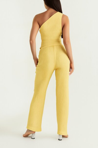 HAKKE One Shoulder Seersucker Pants Crop Double Set