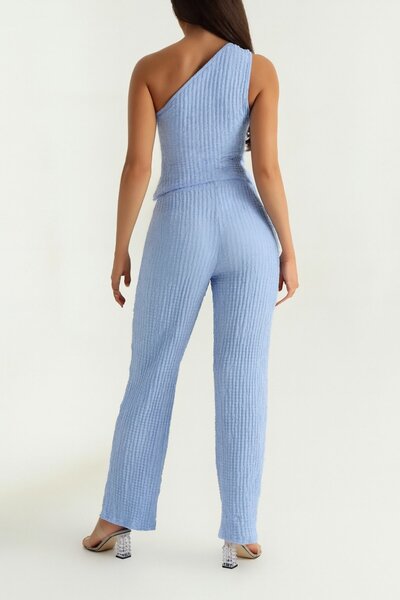 HAKKE One Shoulder Seersucker Pants Crop Double Set