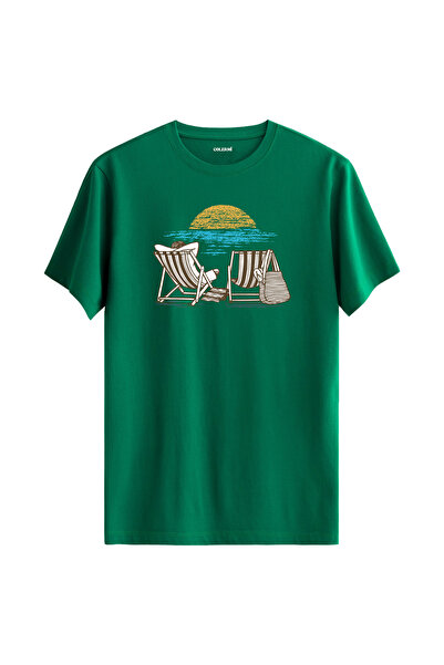 Colermi تي شيرت قطني 100% مطبوع عليه كرسي الشاطئ وغروب الشمس