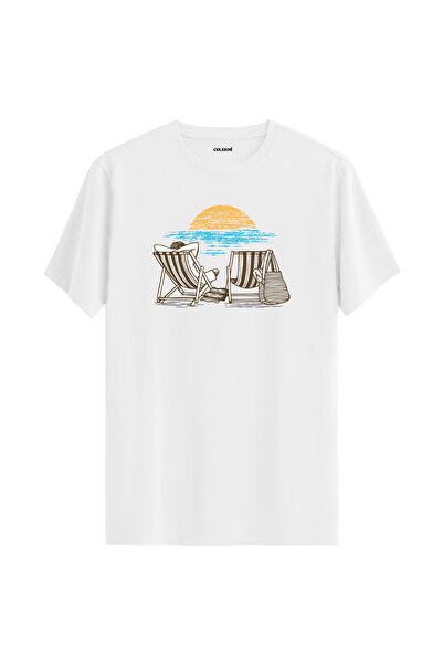 Colermi تي شيرت قطني 100% مطبوع عليه كرسي الشاطئ وغروب الشمس