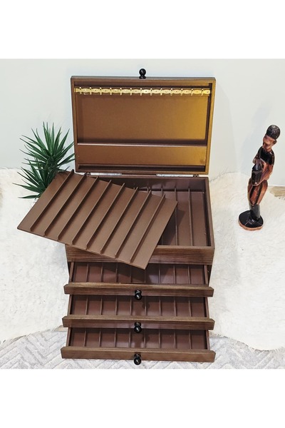 Tekir Store evinizi güzelleştirin Ahşap Aksesuar Dolabı 58 Bölmeli Kapaklı Ceviz Tesbih Kutusu Koleksiyonluk