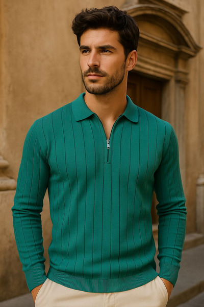 thesunfyre Men's Polo Neck Half Zip Knitted Tirko Sweater
