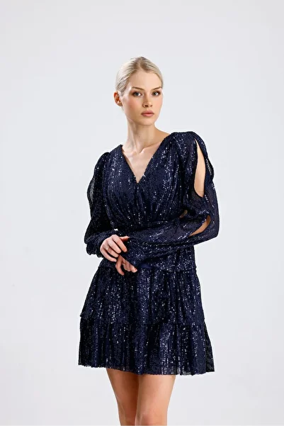 maf collection Women's Navy Blue Backless Mini Sequin Sequin Evening Dress Graduation Dress