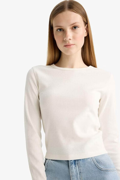 DeFacto Coool Fitted Crew Neck Rib Off White Women's Long Sleeve T-Shirt E7797Ax/Wt32