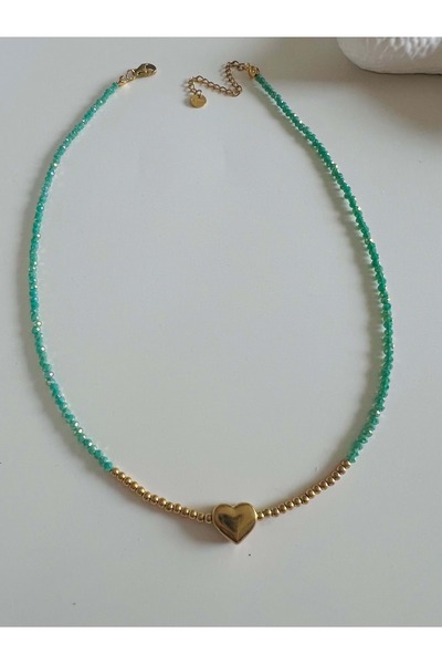 ACAR TAKI Green Beaded Steel Heart Necklace 40+5Cm-Gold Color Acr6068