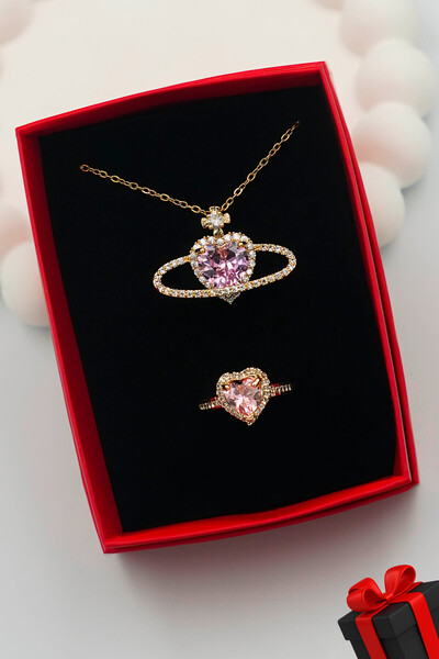 TREND COLLECTİON 316L Çelik Kadın Gezegen Kolye ve Kalp Yüzük Set (kutulu)