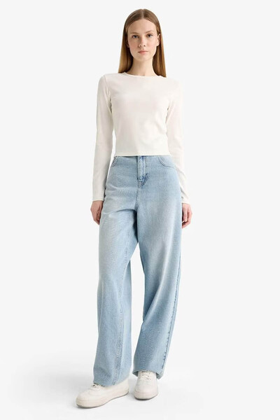 DeFacto Coool Fitted Crew Neck Rib Off White Women's Long Sleeve T-Shirt E7797Ax/Wt32