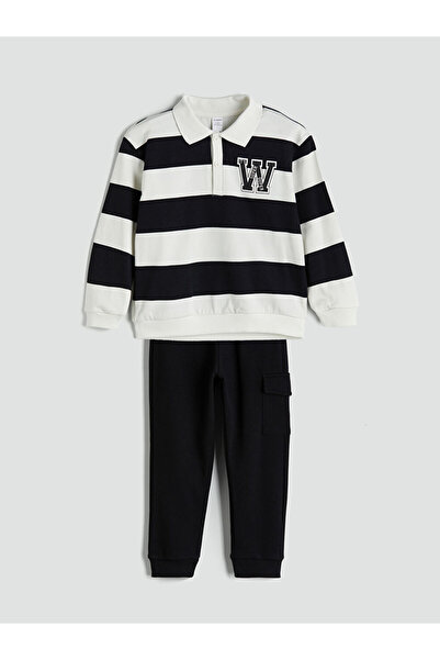 LC Waikiki Black Polo Neck Striped Boys' Sweatshirt and Sweatpants