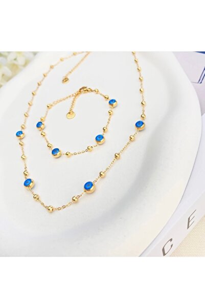 STAİNLES Altın Kaplama Nazar Boncuklu Toplu Zincir Kolye