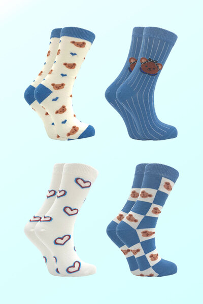 trendlerim senin tarzın Women's Multicolored Cotton Socket Teddy Bear Patterned Socks 4' Pair