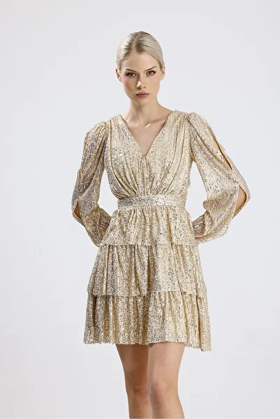 maf collection Women's Gold Back Low-Cut Mini Sequin Sequin Evening Dress Homecoming Dress