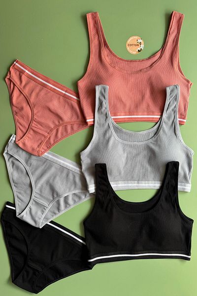 Elosia Soleya 3-Piece Cotton Camisole Fabric Women's Padded Half Singlet and Triangle Panties Set