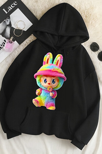 CLASSY.MODA سويت شيرت مطبوع عليه 3 خيوط للجنسين مقاس كبير – نمط أرنب لابوبو