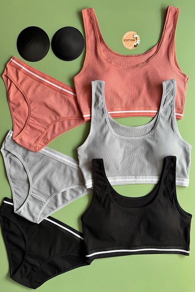 Elosia Soleya 2-Pack Cotton Camisole Fabric Dusty Rose and Black Women's Half Undershirt with Pad and Triangle Panties Set