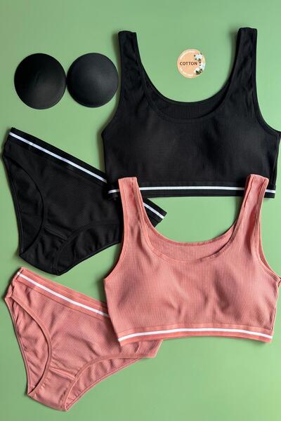 Elosia Soleya 2-Pack Cotton Camisole Fabric Dusty Rose and Black Women's Half Undershirt with Pad and Triangle Panties Set