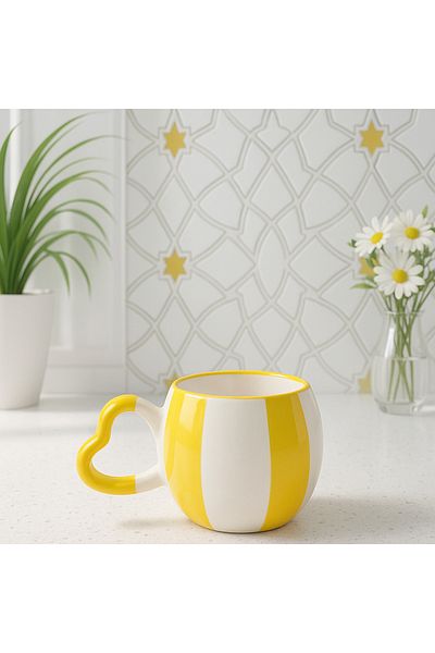 İZart Heart Handle Yellow Strip Patterned Handmade Hand Embroidered Ceramic Mug