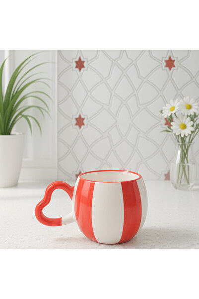 İZart Kalp Kulp TURUNCU ŞERİT DESENLİ El İşlemeli El Yapımı Seramik Kupa