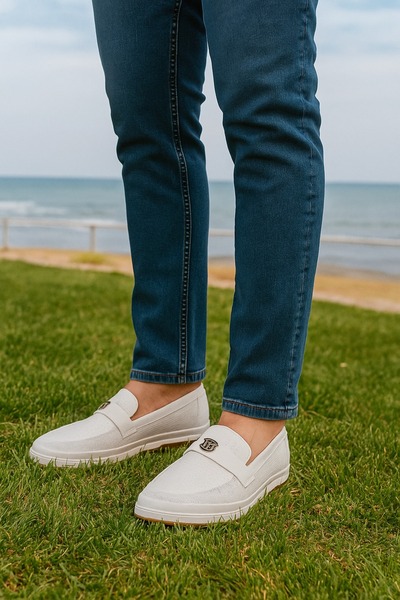 Growish Gre0165 Genuine Leather Handmade Special Production B Buckle Thermoactive Sole White Loafer Shoes