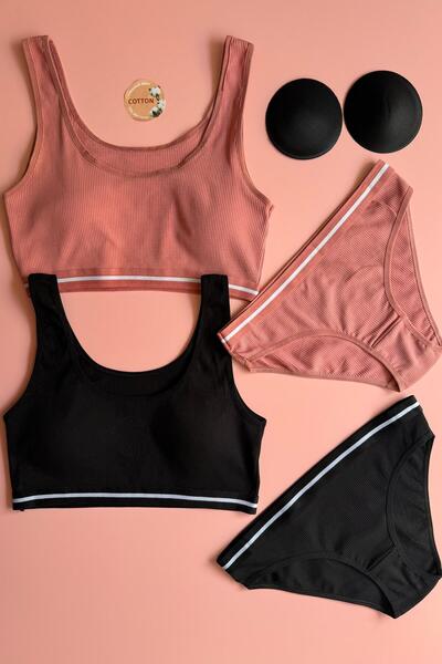 Elosia White Line 2-Pack |   Black and Dusty Rose Color Cotton Rib Women's Tank Top and Panty Set