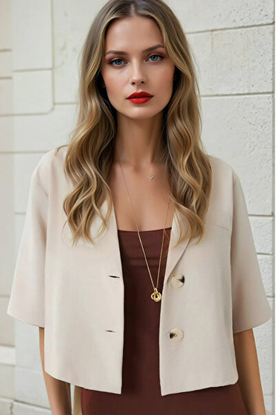 MissKybele Ceket Yakalı Truvakar Çeyrek Kol Rahat Düğme Kapama Göğüs Cepli As...