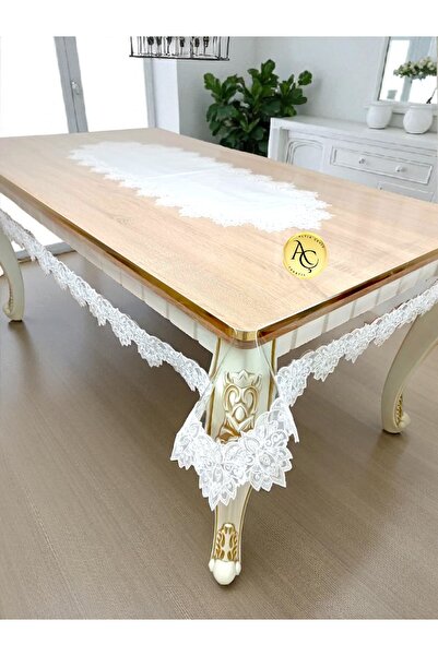 Altın Çeyiz Tekstil Şeffaf Runnerlı Dantelli Güpürlü Masa Örtüsü