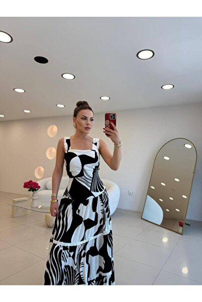 Miss Beyoğlu Μακρύ φόρεμα Mero με τετράγωνο λαιμόκοψη, ζώνη στη μέση, ασπρόμα...