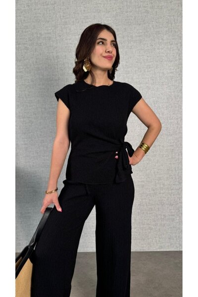 MODAVERA Women's Short Sleeve Crew Neck Side Tie Wrinkle Blouse and Trousers Double Suit