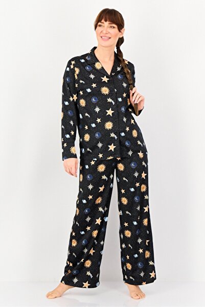 Bebe Women 2 Pieces Allover Print Long Sleeves Nightwear Set, Multicolor