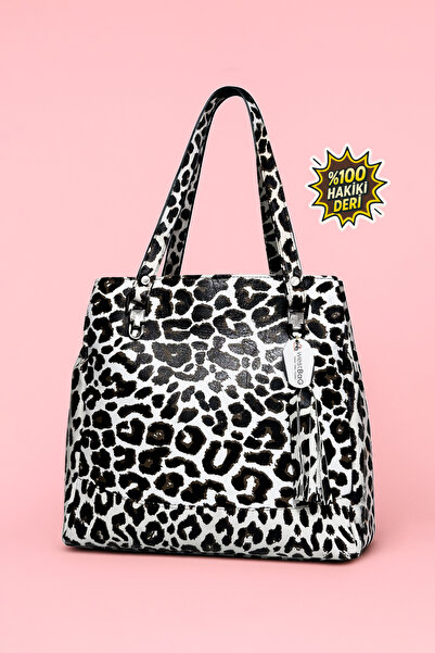 westbag Geantă de mână și de umăr cu două compartimente, din piele naturală, albă leopard, pentru femei