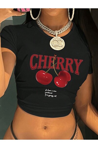 FYSTEX KADIN SİYAH - CHERRY / KİRAZ - BASİC CROP - BASKILI - YAZILI - GOTHİC