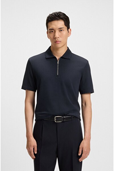 BOSS Erkek Regular Fit Pike Dokuma Kumaş Kısa Kollu Yarım Fermuarlı Lacivert ...