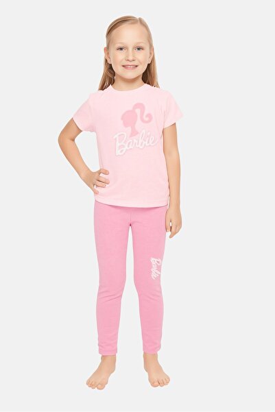 Barbie Kids Girl Short Sleeve Brand Logo Top And Bottom Pajamas Set, Pink