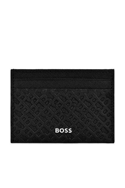 BOSS Erkek Monogram Logo Dokulu Metalik Logo Desenli %100 Deri Siyah Kartlık ...