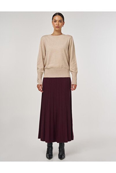 Kayra Düğme Detaylı Yünlü Triko Kazak Bej
