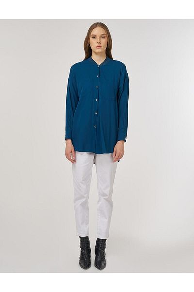 Kayra College Collar Linen Viscose Tunic Petrol