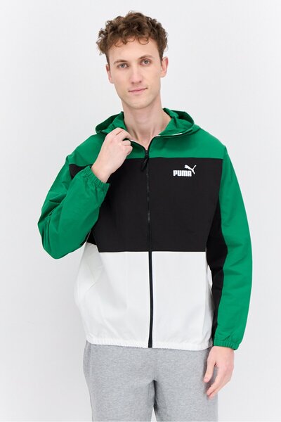 Puma Men Sportswear Fit Brand Logo Outdoor Jacket, Green/White Combo