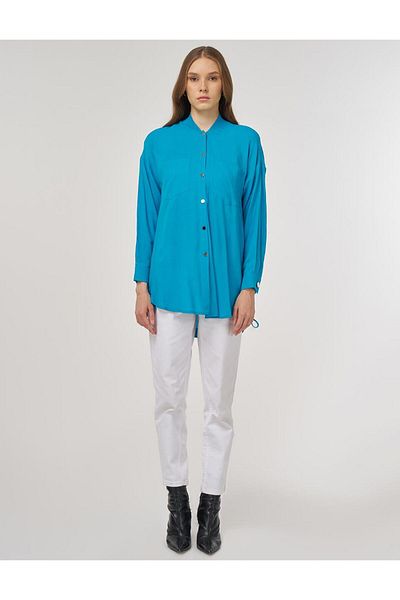 Kayra College Collar Linen Viscose Tunic Turquoise