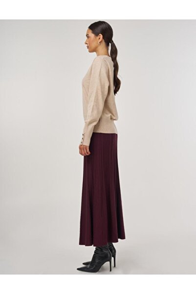 Kayra Düğme Detaylı Yünlü Triko Kazak Bej