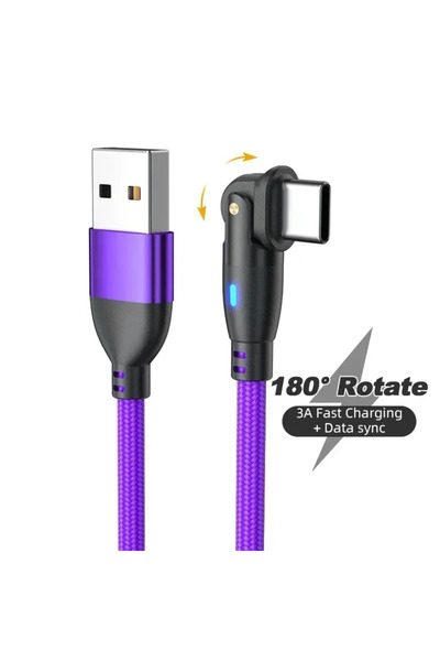 Choice كابل بيانات صغير أرجواني 3 أمبير بطول 1 متر، كابل شحن سريع من نوع USB C، كابل دوران الكوع 180 درجة، ملحقات الكابل