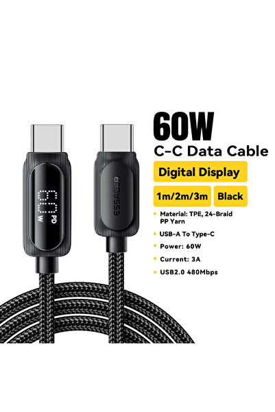 essager كابل USB من النوع C إلى النوع C أسود بطول 2 متر وقوة 60 واط، يدعم الش...