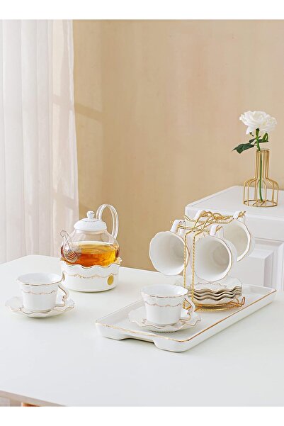 sharpdo Simple European Style Tea Set with Six Cups and Plates (White/Gold), Ceramic