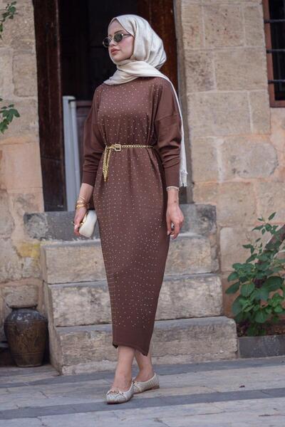 Şulemoda Giyim Merserize Taşlı Elbise Kahverengi