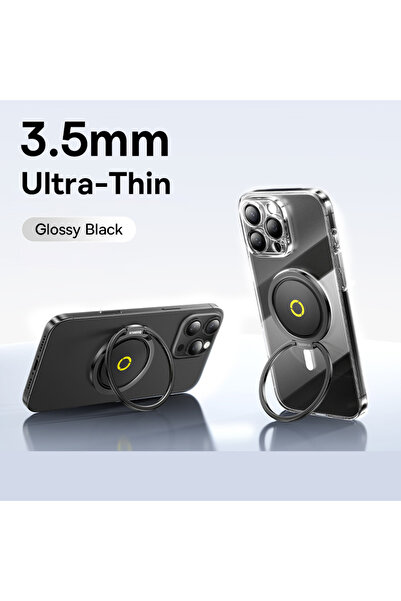 Baseus حامل هاتف مغناطيسي أسود لامع مع مشبك على شكل حلقة إصبع وشحن لاسلكي من MagSafe لهاتف iPhone 17