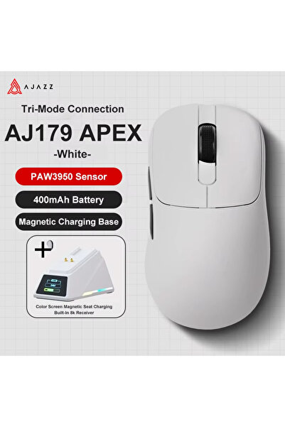 Ajazz AJ179APEX-White فأرة ألعاب لاسلكية AJ179 APEX PAW3950، 3000 نقطة في البوصة، 8 كيلو هرتز، مريحة لليد اليمنى